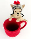 Monette the needle felted Chihuahua with a cup